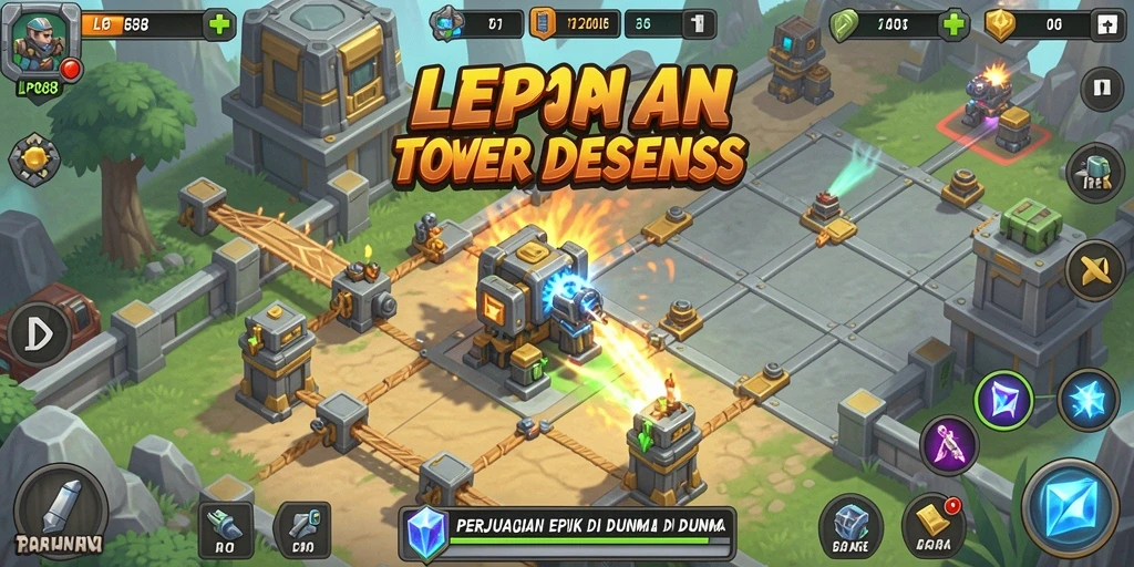 Screenshot LPO88 menampilkan aksi menara pertahanan melawan gelombang musuh yang datang.